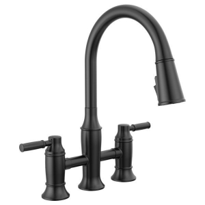DELTA® 2384L-BL-DST Renaldi™ Soft Touch Bridge Kitchen Faucet, 1.8 gpm Flow Rate, Matte Black, 2 Handles, 3 Faucet Holes