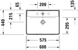 DURAVIT 2366600000 236660 D-Neo Washbasin, Rectangle Shape, 6-1/2 in H x 17-3/8 in W x 23-5/8 in L, Wall Mounting, Ceramic, White