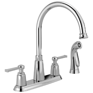 DELTA® 21742LF Emmett® Spray Kitchen Faucet, 1.8 gpm Flow Rate, 8 in Center, Swing Spout, Chrome, 2 Handles