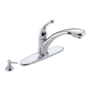 DELTA® 470-PROMO-DST Signature™ Kitchen Faucet, 1.8 gpm Flow Rate, Swivel Spout, Chrome, 1 Handle, 3 Faucet Holes