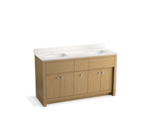 Kohler® 33293-WEK Alouette™ 60 in Bathroom Vanity Cabinet With Sinks and Quartz Top, Light Oak