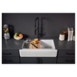 Kohler® 24564-0 Riverby® Farm House Workstation Kitchen Sink with Tall Apron, 35-11/16 in L x 20-7/8 in W x 9-13/16 in H, Under Mount, Cast Iron, Acid-Resistant Enamel/White