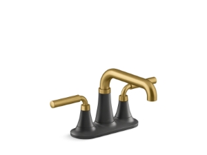 Kohler® 27414-4-BMB Tone™ Centerset Bathroom Sink Faucet, Matte Black with Moderne Brass, 2 Handles, Clicker Drain, 1.2 gpm Flow Rate