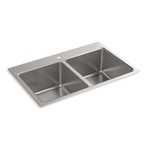 Kohler® 31465-1-NA Prologue™ Double Equal Bowl Kitchen Sink, 1 Faucet Hole, 33 in L x 22 in W x 9-5/16 in H, 18 ga Stainless Steel