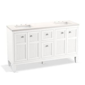 Kohler® 33539-ASB-0 Hearthaven® 60 in Bathroom Vanity Cabinet With Sinks and Quartz Top, White