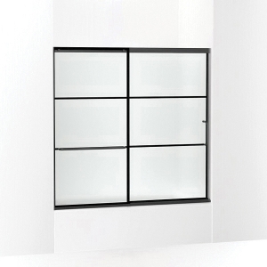 Kohler® 707609-6G80-BL Elate® Sliding Bath Door, 56-3/4 in H X 56-1/4 - 59-5/8 in W, With 1/4 in Thick Frosted Glass With Rectangular Grille Pattern, Matte Black