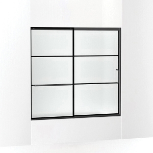 Kohler® 707618-8G80-BL K-707618-8G80 Elate® Sliding Bath Door With Rectangular Grille Pattern, 54-3/16 in H x 56-1/4 to 59-5/8 in W Opening, Frameless Frame, 5/16 in THK Glass, Matte Black