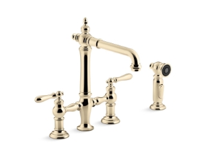 Kohler® 76519-4-AF Artifacts® Three-Hole Bridge Kitchen Sink Faucet With Side Sprayer, Vibrant French Gold