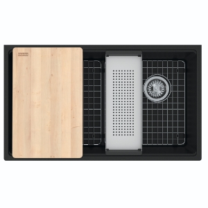 Franke MAG11031OW-MBK-WKC Maris Undermount 33-in x 19.31-in Granite Single Bowl Workcenter Kitchen Sink, Matte Black