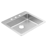 Moen® GS181733B Rear Center Drain Sink, Brushed Stainless Steel, 21-13/16 in L x 15-3/4 in W Bowl, 3 Faucet Holes, 25 in L x 22 in W, Drop-In Mounting, 18 ga Stainless Steel