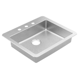 Moen® GS181733B Rear Center Drain Sink, Brushed Stainless Steel, 21-13/16 in L x 15-3/4 in W Bowl, 3 Faucet Holes, 25 in L x 22 in W, Drop-In Mounting, 18 ga Stainless Steel