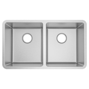 Moen® GS18259B Rear Center Drain Kitchen Sink, Brushed Stainless Steel, 14-3/8 in Left, 14-3/8 in Right L x 16-1/2 in Left, 16-1/2 in Right W Bowl, 31-13/16 in L x 18-1/2 in W, Undermounting, 18 ga Stainless Steel