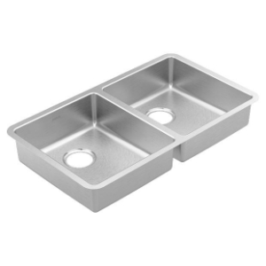 Moen® GS18260B Rear Center Drain Kitchen Sink, Brushed Stainless Steel, 14-3/8 in Left, 14-3/8 in Right L x 16-1/2 in Left, 16-1/2 in Right W Bowl, 31-13/16 in L x 18-1/2 in W, Undermounting, 18 ga Stainless Steel