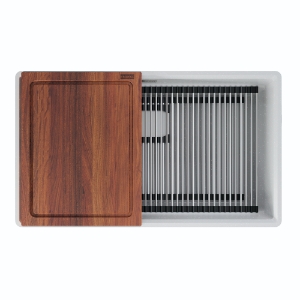 Franke PKG11031PWT-WKC Peak 32.0-in. x 18.8-in. Granite Undermount Single Bowl Workcenter Kitchen Sink, Polar White
