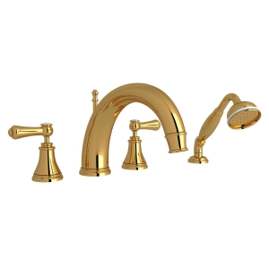 Perrin & Rowe® U.3648LSP-ULB Georgian Era™ 4-Hole Deck Mount Tub Filler With C-Spout, Unlacquered Brass