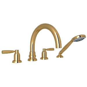 Perrin & Rowe® U.3975LS-ULB Holborn™ 4-Hole Deck Mount Tub Filler With C-Spout, Unlacquered Brass