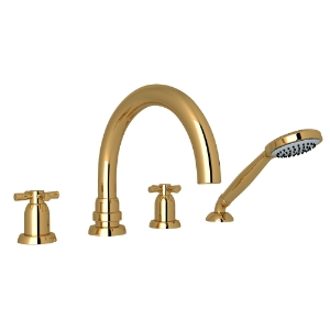 Perrin & Rowe® U.3976X-ULB Holborn™ 4-Hole Deck Mount Tub Filler With C-Spout, Unlacquered Brass