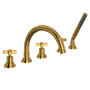 Rohl® A2214XMULB Lombardia® 5-Hole Deck Mount Tub Filler With C-Spout, Unlacquered Brass