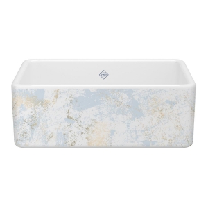 Shaws® MS3018WHPTBG Shaker™ 30" Single Bowl Farmhouse Apron Front Fireclay Kitchen Sink With Patina Design, Patina Blue/Gold