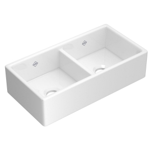 Shaws® MS3518WH Shaker™ 35 in Double Bowl Farmhouse Apron Front Fireclay Kitchen Sink, White (WH)