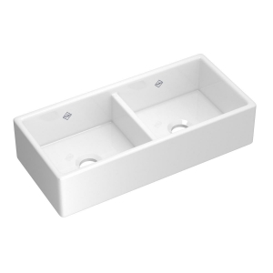 Shaws® MS3918WH Shaker™ 39 in Double Bowl Farmhouse Apron Front Fireclay Kitchen Sink, White (WH)