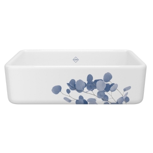 Shaws® RC3318WHECBS Lancaster™ 33" Single Bowl Farmhouse Apron Front Fireclay Kitchen Sink With Eucalyptus Design, Eucalyptus Blue/Silver