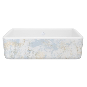 Shaws® RC3318WHPTBG Lancaster™ 33 in Single Bowl Farmhouse Apron Front Fireclay Kitchen Sink With Patina Design, Patina Blue/Gold