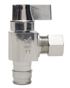Sioux Chief 130-G2W1C 1/4 Turn Angle Supply Stop, 1/2 x 3/8 in Nominal, F1960 PEX Grip™ x Compression, Brass Body, Nickel Plated