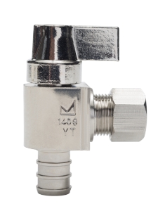 Sioux Chief 130-G2X1C 1/4 Turn Angle Supply Stop, 1/2 x 3/8 in Nominal, F1807 PEX Crimp™ x Compression, Brass Body, Nickel Plated