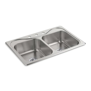 Sterling® 11400-3-NA Self-Rimming Kitchen Sink With SilentShield® Technology, Southhaven®, Satin, Rectangle Shape, 14 in Left, 14 in Right L x 15-1/8 in Left, 15-1/8 in Right W, 3 Faucet Holes, 33 in L x 22 in W x 6-1/2 in H