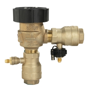 WATTS® T792012 LF800M4QT Angle Backflow Preventer with Flood Sensor, 1 in Nominal, NPT End Style, Quarter-Turn Ball Valve, Lead Free Copper Silicon Alloy Body, Vacuum Breaker