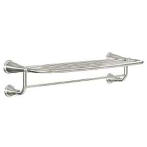 Moen® Y2694BN Towel Bar with Shelf, Banbury®, 24 in L Bar, 10-1/4 in OAD, Zinc Posts/Stainless Steel Bar, Brushed Nickel