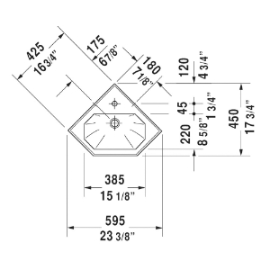 DURAVIT 0793420000 Handrinse Basin With Overflow and Faucet Deck, Corner Shape, 23-3/8 in L x 17-3/4 in W x 7-5/8 in H, Wall Mount, Ceramic, White