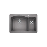 Blanco 440198 DIAMOND™ SILGRANIT® 1-1/2 Bowl Dual Mount Kitchen Sink, D-Shaped Shape, 1 Faucet Hole, 33 in W x 22 in H, Drop-In/Under Mount, Granite, Metallic Gray