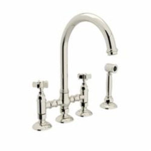 Rohl® A1461XWSPN-2 Three Leg Bridge Kitchen Faucet with Side Spray, Italian Country Kitchen, 1.5 gpm Flow Rate, 8 in Center, Swivel C Spout, Polished Nickel, 2 Handles