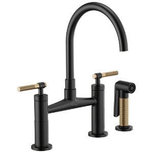 Brizo® 62543LF-BLGL Litze® Widespread Bridge Kitchen Faucet With Matching Side Spray, 1.8 gpm Flow Rate, 8 in Center, Arc Spout, Matte Black/Luxe Gold, 2 Handles