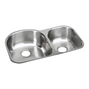 Elkay® EGUH311910R Offset Kitchen Sink, Harmony™, 16 in L x 17-1/2 in W x 10 in D Left Bowl, 11-1/2 in L x 15 in W x 8 in D Right Bowl, 31-1/4 in L x 20 in W x 10 in H, Undermount, 18 ga 304 Stainless Steel, Satin