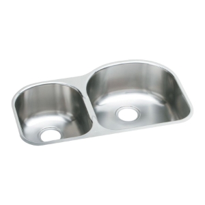 Elkay® EGUH3119L Offset Kitchen Sink, Harmony™, 11-1/2 in L x 15 in W x 8 in D Left Bowl, 16 in L x 17-1/2 in W x 8 in D Right Bowl, 31-1/4 in L x 20 in W x 8 in H, Undermount, 18 ga 304 Stainless Steel, Satin
