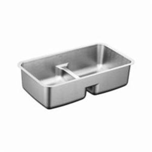 Moen® G18252 1800 Kitchen Sink, Stainless Steel, Rectangle Shape, 14-3/8 in Left, 14-3/8 in Right L x 16-1/8 in Left, 16-1/8 in Right W x 9 in Left, 9 in Right D Bowl, 18 in W x 11.81 in D x 32 in H, Under Mount, Stainless Steel