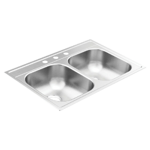Moen® GS202153BQ 2000 Sink, Brushed Satin Stainless, 14 in L x 15-3/4 in W x 7 in D Bowl, 3 Faucet Holes, 33 in L x 22 in W, Drop-In Mount, 20 ga Stainless Steel