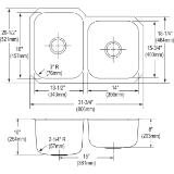 Elkay® DCFU312010R Kitchen Sink, Dayton®, Soft Satin, 13-1/2 in Left, 14 in Right L x 18 in Left, 15-3/4 in Right W x 10 in Left, 8 in Right D Bowl, 31-3/4 in L x 20-1/2 in W x 10 in H, Under Mount, 18 ga 304 Stainless Steel