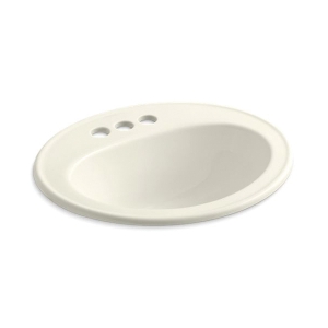 Kohler® 2196-4-96 Pennington® Self-Rimming Bathroom Sink with Overflow Drain, Oval Shape, 4 in Faucet Hole Spacing, 20-1/4 in W x 17-1/2 in D x 8-1/2 in H, Drop-In Mount, Vitreous China, Biscuit