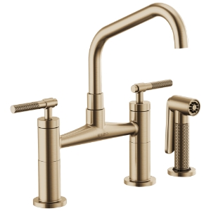 Brizo® 62563LF-GL Widespread Bridge Kitchen Faucet with Matching Side Spray, 1.8 gpm, 8 in Center, Angled Spout, Luxe Gold, 2 Handles, Side Spray(Y/N): Yes