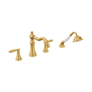 Moen® TS21104BG Roman Tub Faucet, Weymouth™, 1.75 gpm Flow Rate, 10 in Center, Brushed Gold, 2 Handles, Traditional