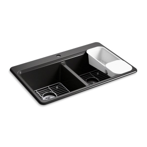 Kohler® 8679-1A2-7 Riverby® Kitchen Sink, Black, Rectangular Shape, 14-5/16 in Left, 14-5/16 in Right L x 17-1/4 in Left, 17-1/4 in Right W x 9 in Left, 9 in Right D Bowl, 1 Faucet Hole, 33 in L x 22 in W x 9-5/8 in H, Top Mount, Enameled Cast Iron