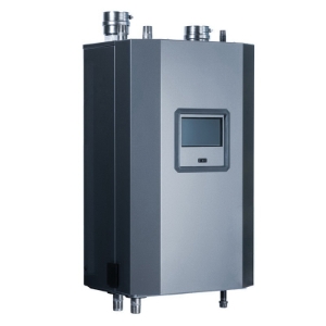 NTI Tft85 Trinity Fire Tube High Efficiency Gas Boiler, Liquid Propane/Natural Gas Fuel, 68000 Btu/hr Net IBR, 17000 to 85000 Btu/hr Input, Direct Vent, Stainless Steel Housing, 1 in NPT Water/1/2 in NPT Gas Connection, Direct Spark Ignition