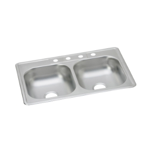 Elkay® K233223 Dayton® Kitchen Sink, Satin, Rectangle Shape, 14 in Left, 14 in Right L x 15-3/4 in Left, 15-3/4 in Right W x 5-7/8 in Left, 5-7/8 in Right D Bowl, 3 Faucet Holes, 33 in L x 22 in W x 6-1/16 in H, Top Mount, Stainless Steel