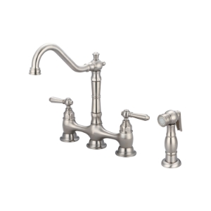 Pioneer 2AM501-BN Bridge Kitchen Faucet With Side Spray, Americana, 1.5 gpm Flow Rate, 8 in Center, 360 deg Swivel Spout, PVD Brushed Nickel, 2 Handles