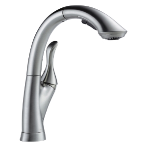 DELTA® 4153-AR-DST Linden™ Kitchen Faucet, Commercial, 1.5 gpm Flow Rate, 360 deg High-Arc Spout, Arctic™ Stainless Steel, 1 Handle, 1/3 Faucet Holes