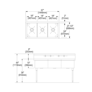 Elkay® WNSF83542 Scullery Sink, 57 in L x 27-1/2 in W x 44 in H, Floor Mount, 304 Stainless Steel, 3 Bowls, 8 in Faucet Hole Spacing, 8 in Backsplash